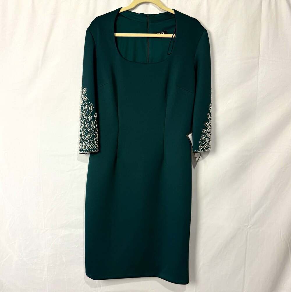 SLNY Green Sheath Dress Beaded 3/4 Sleeve Scoop Neck Lined Knee Sz 18